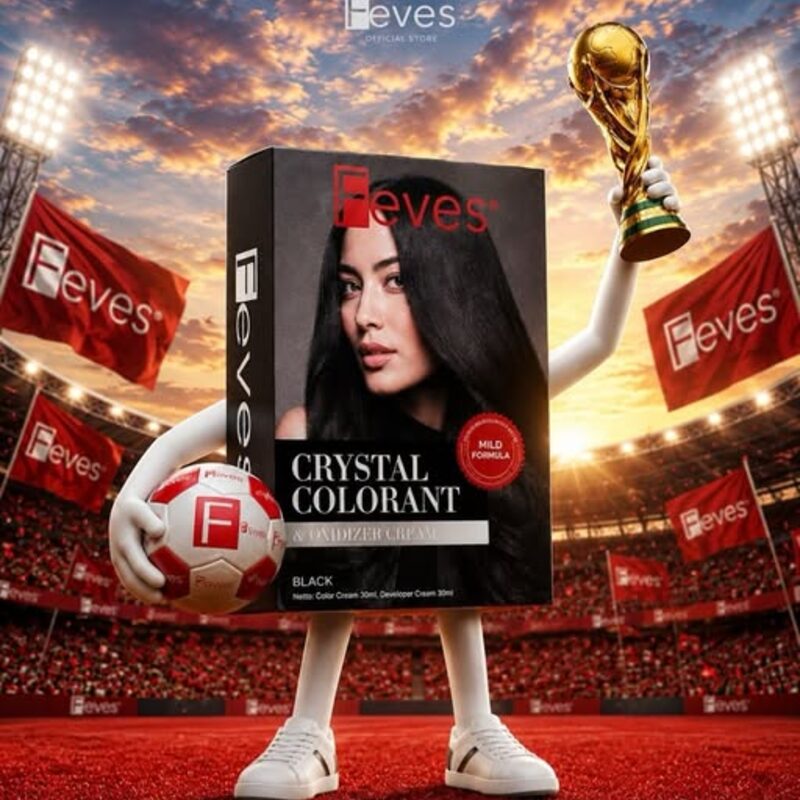 Feves di Instagram — Maskot kemasan Crystal Colorant mengangkat piala di stadion